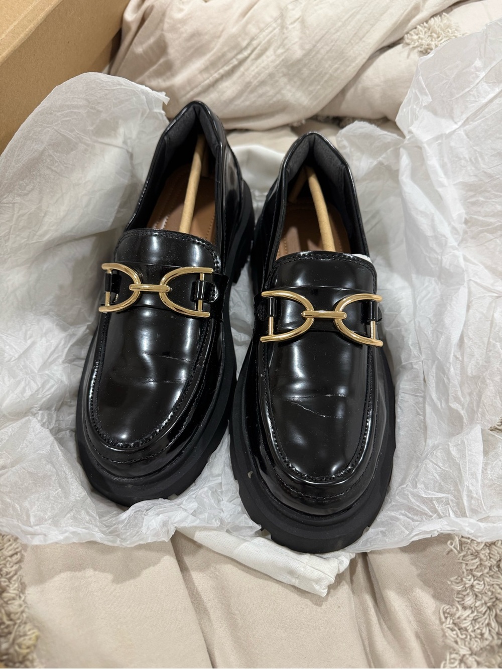 Zara Black Leather Loafers with Gold Horsebit Accent